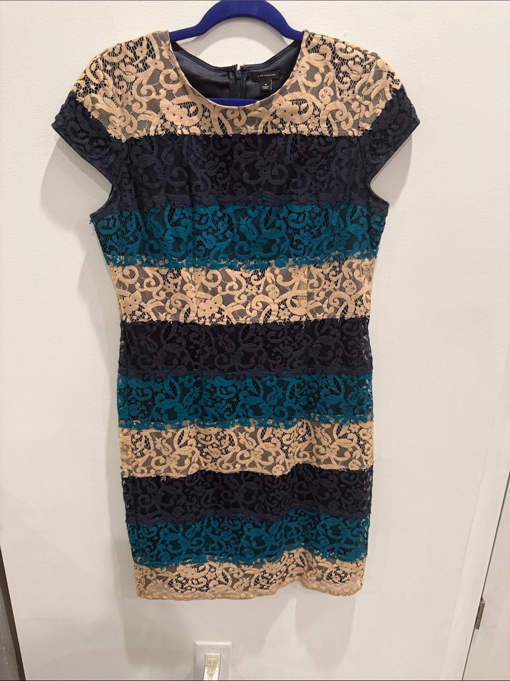 Ann Taylor Lace Stripe Sheath Dress in Navy, Teal & Beige